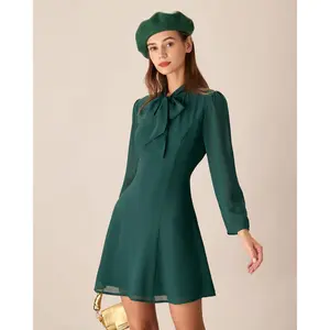 Green Tie Neck See-Through Mini Dress Green Tie Neck See-Through Mini Dress