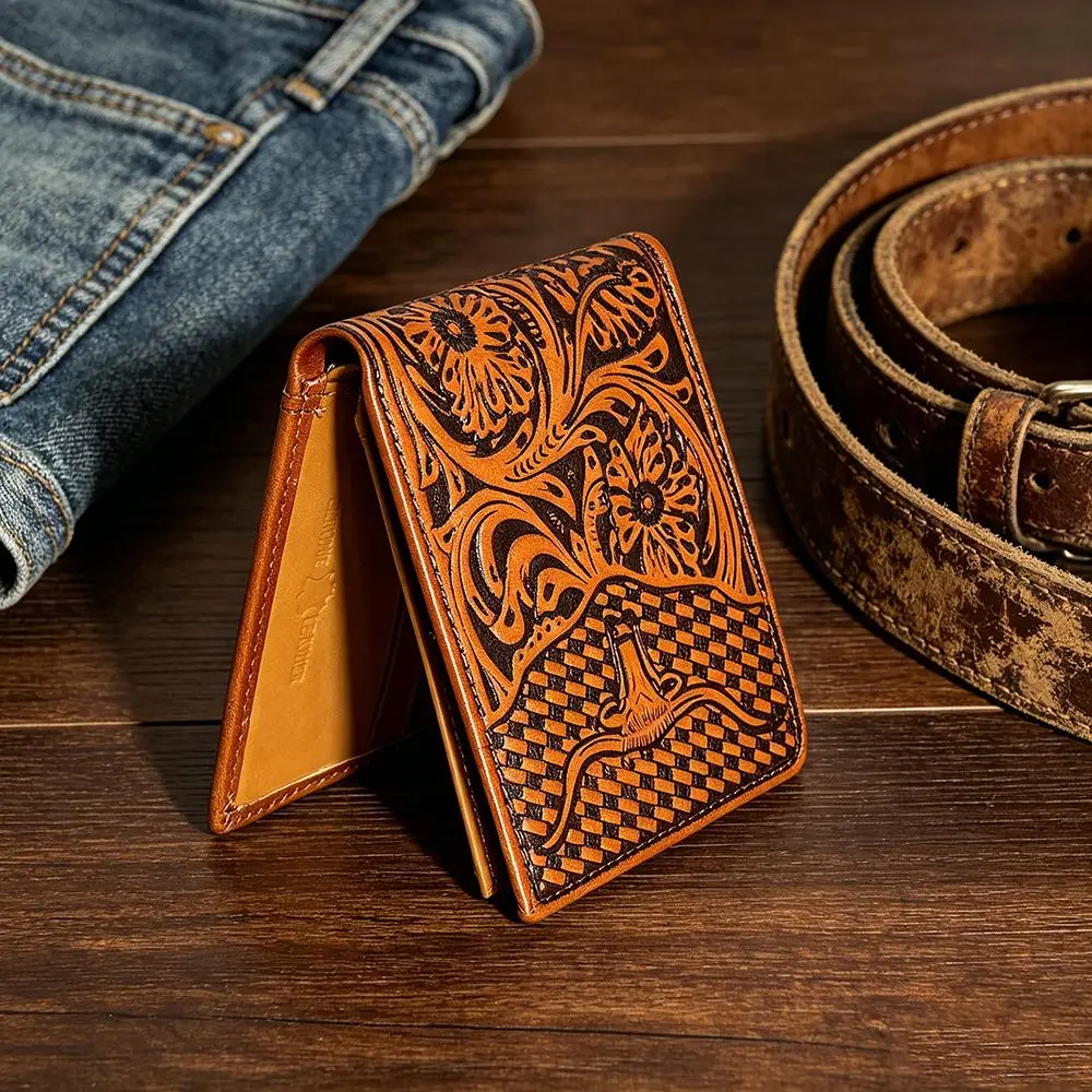 Western Cowboy Genuine Leather Wallet For Men,Ox Head Embossed Leather Short Bifold Wallet, Ideal Gifts For Father, Grandfather And Husband For Father's Day