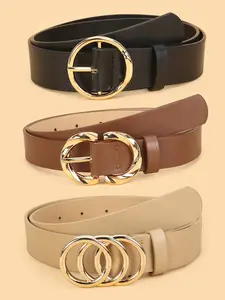 Women's Simple Versatile Trendy Belt Set, Classic Jean Belts with Three-Ring Metal Buckle, Elegant Solid Color Waistband for All Seasons