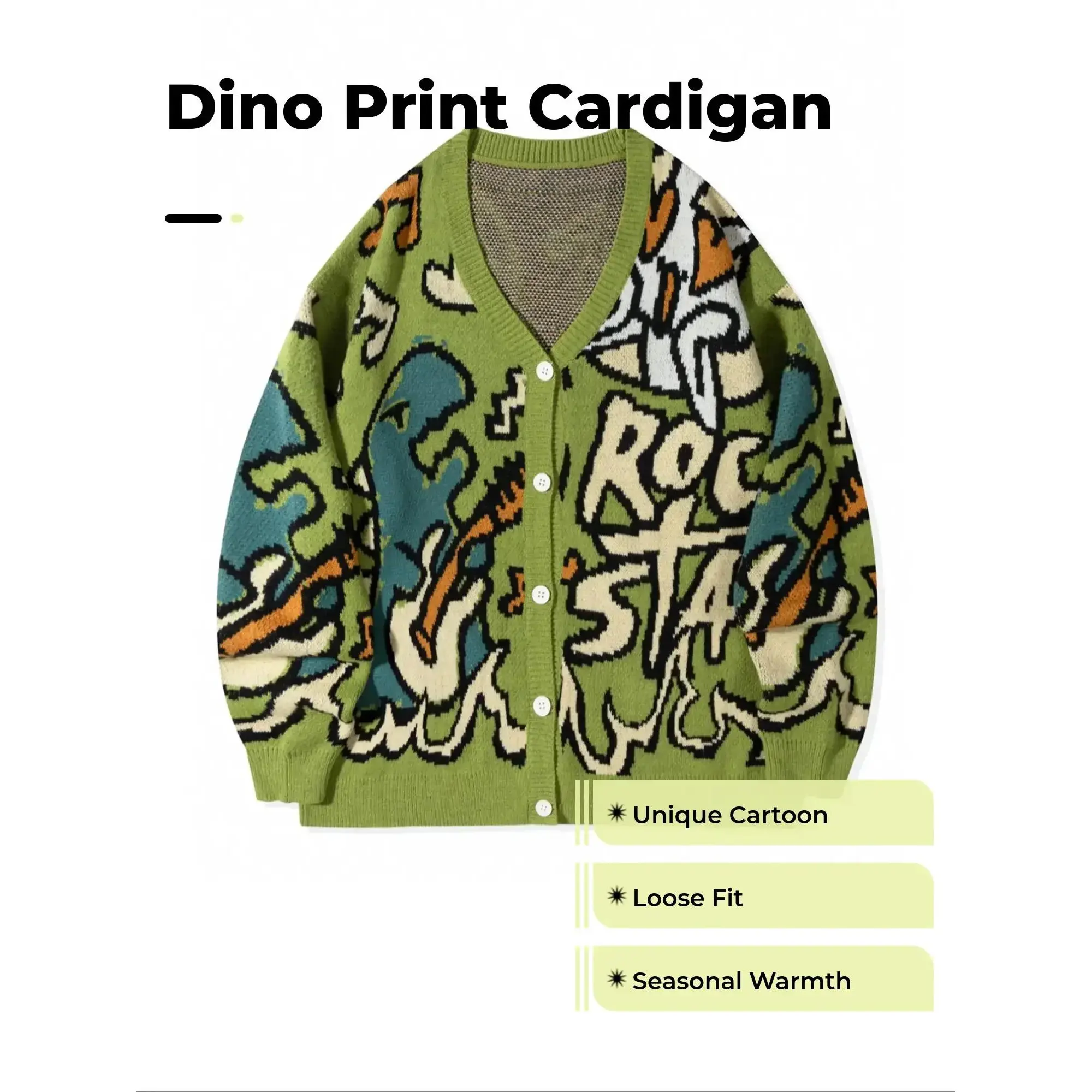 Men's Letter & Dinosaur Print Drop Shoulder Relaxed Fit Cardigan, Loose Casual Long Sleeve V Neck Button Front Aesthetic Knitwear for Fall Winter, Knit Clothing Daily Wear chic look wardrobe staple