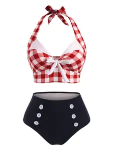 Women's Tummy Control Tankini Set Swimwear Vintage Plaid Print Swimsuit Corset Style Mock Button Summer Beach Bathing Suit