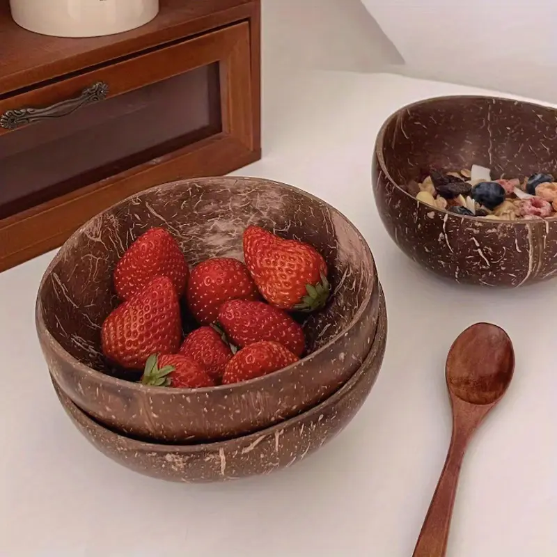 2 Coconut Bowls + 2 Coconut Wood Spoons,Coconut Bowl Set, Natural Coconut Bowl, Dessert Bowl, Light Grain Fat Reduction Bowl, Suitable for Cereal, Salad, Breakfast, Fruit, Yogurt, Dessert Wooden Bowl, Creative Milk Bowl