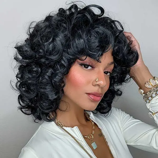SISWIN Women's Glueless 14in Black Big Curly Wig with Bangs, Premium Synthetic Full Machine Wig, Natural Look, High-Quality for Everyday Wear, Glueless Wigs