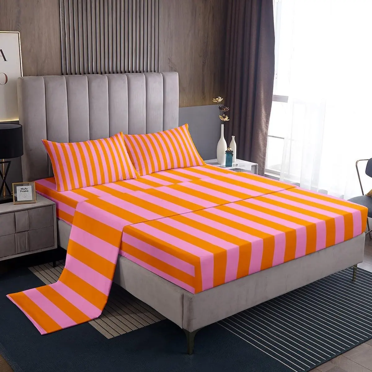 Pink Orange Bedding Abstract Sheet with 16 Inch Deep Pockets Bedroom Decor Stripes Bed Sheets Set Soft Microfiber Women Men Geometric With