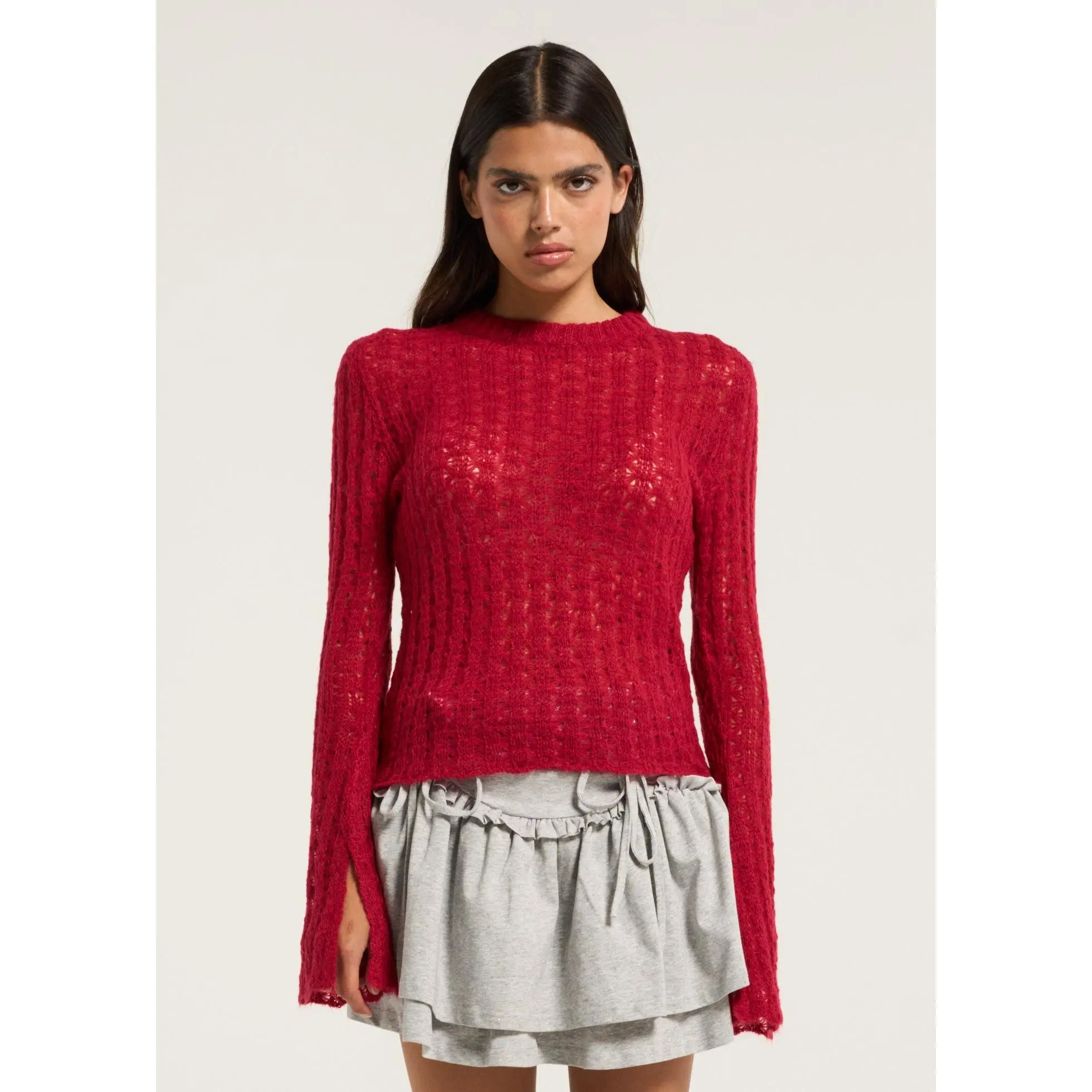 VIAVIA Pointelle Sweater in Dark Red