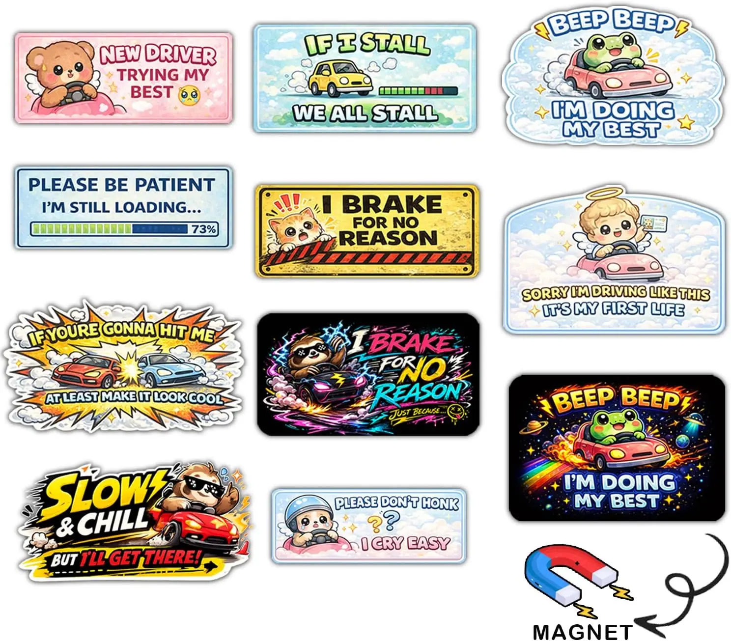11PCS Funny Car Magnet Set for New Drivers, Removable Bumper Magnets, “Please Be Patient”, “I Brake for No Reason”, Cute & Magnetic Car Stickers, Waterproof & Weatherproof, No Residue, Easy to Remove