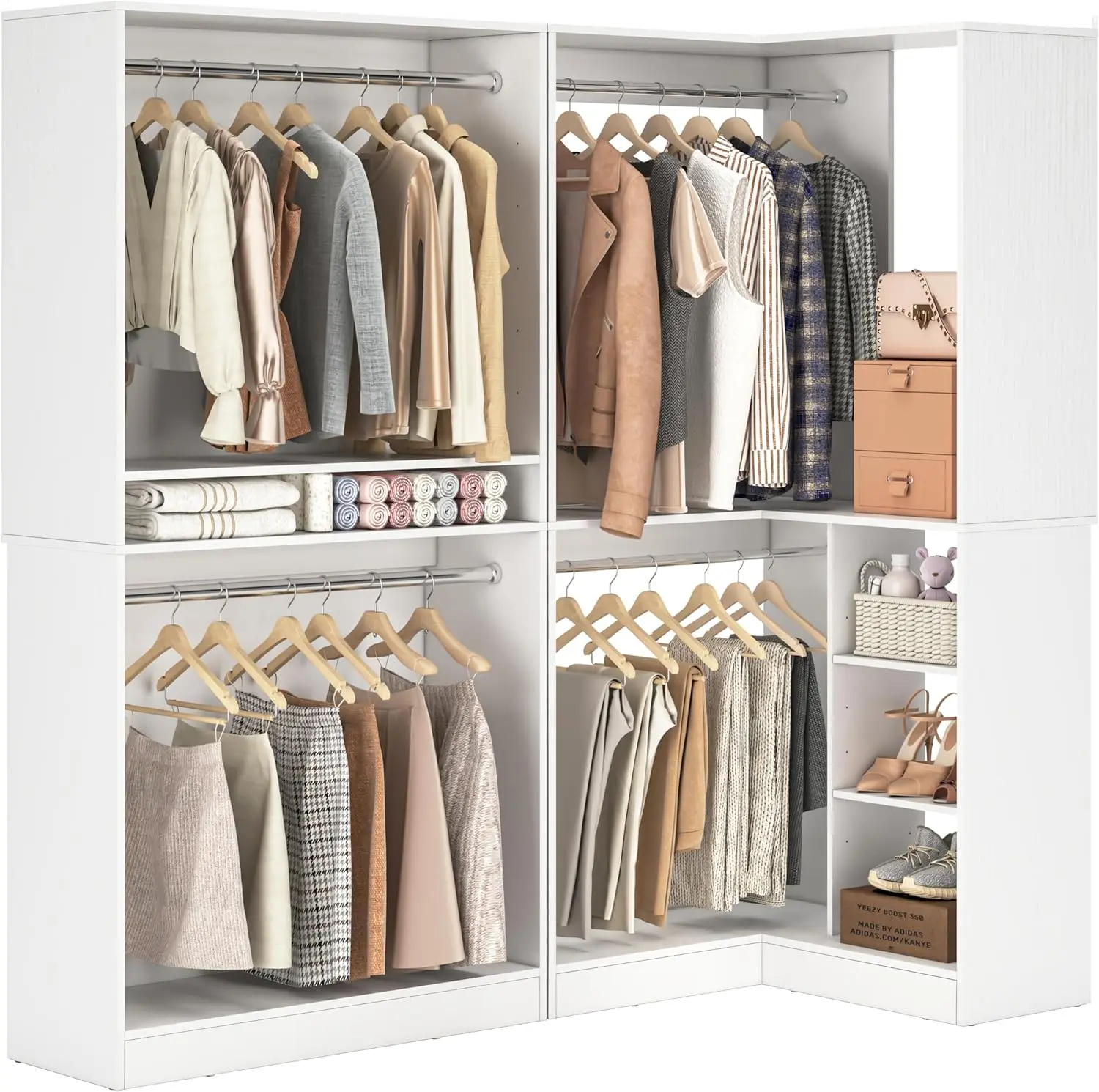 Unikito Corner Closet System, 72" L-Shaped Closet Organizer with 4 Hanging Rods, Heavy Duty Wood Garment Rack with Shelves, Freestanding Walk-in Closet Storage Tower for Bedroom