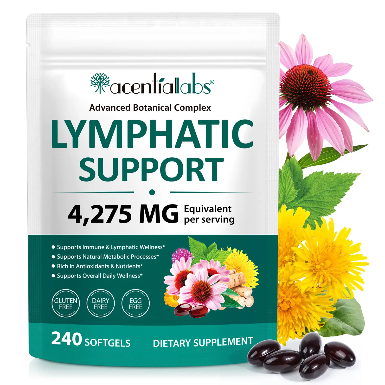 Acentiallabs Lymphatic Drainage Nutrition Vitamins Supplements - 240 Softgels, 21-in-1 Plant-Based Herbal Immune Vitamins Blend for Lymph System Support (Men & Women) with Echinacea, Dandelion, Burdock, Bromelain, Calendula, Turmeric, Immune Vitamins Supp