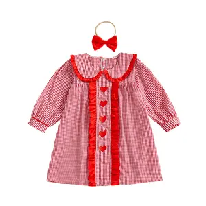 Toddler Girls Valentines Day Gingham Dress Baby Peter Pan Collar Long Sleeve Gingham Heart Ruffled Trim A Line Princess Party Dresses