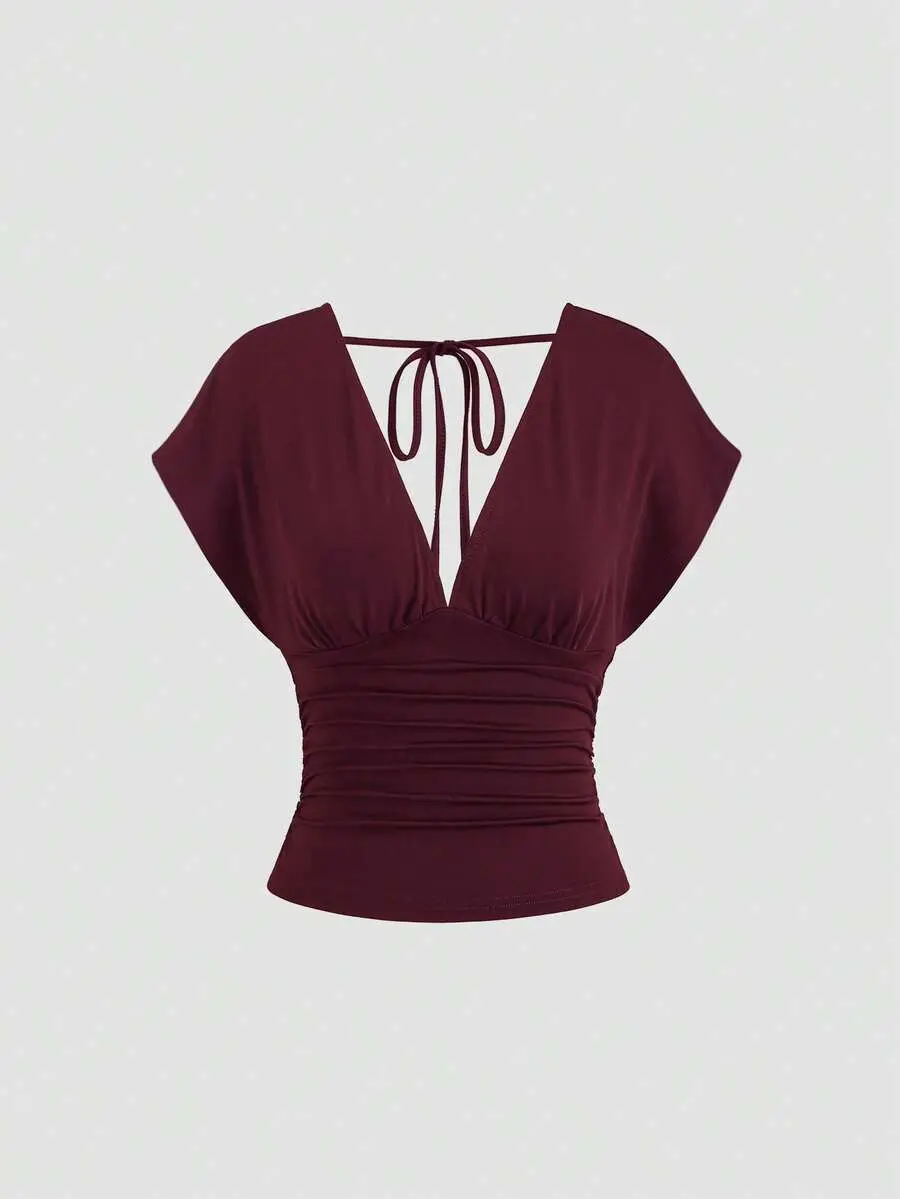PULSE x Sweetra Women's New Fashion Versatile Knit Front And Back Deep V-Neck 2-Way Wear T-Shirt Waist-Cinched Ruched Back Tie Shoulder Sleeve Top