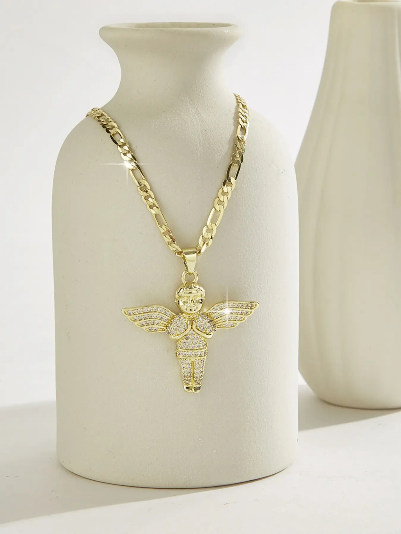 Fashion Hip Hop Love Cupid Wings Necklace, Cuban Link Chain, Zirconia Pendant Jewelry, Exquisite Trendy Pendant, Perfect Gift for Holidays and Blessings, Drop Necklace, Cuban Style Chain, Pendant Necklaces, Cute Necklaces, Accessory Necklace