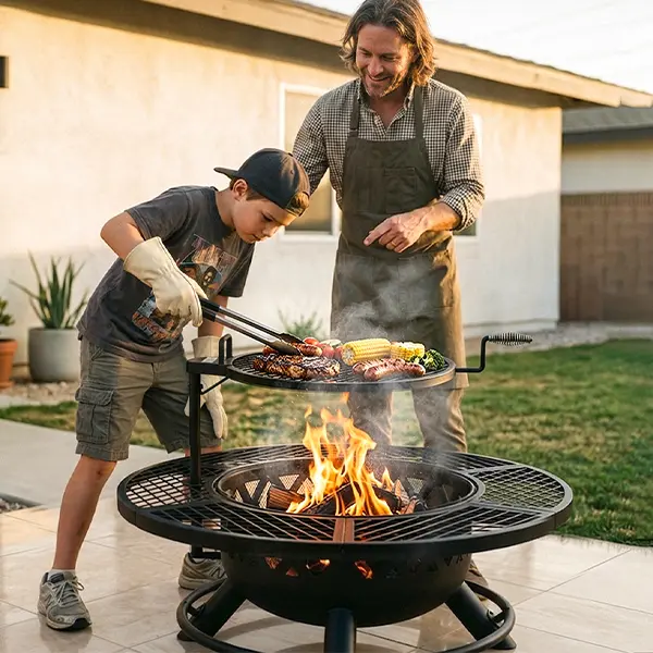 BALI OUTDOORS 2-in-1 Wood Burning Fire Pit with Removable Cooking Grill Black Ultra-Durable Iron Grate 360-Degree Rotation Adjustable Height for Heating and BBQ Patio Fire Pit Fire Pit Set