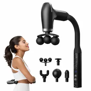 Foldable Massage Gun with Triple-Ball Head & Extendable Arm for Back Pain Relief, High Power Strong Motor Percussion Massager, 5 Heads, 9 Gears, Shock Absorption Deep Tissue Massage Gun