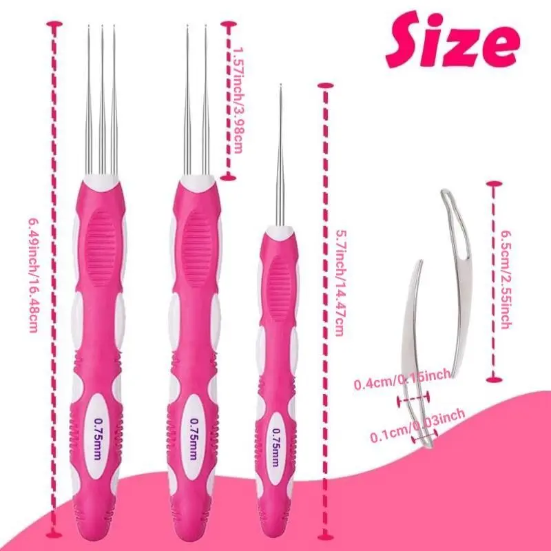 Braid Hair Locking Tool, 3 Pcs Crochet Needle 0.75mm and 2 Pcs latch hook, With Storage Bag, for Beginners and Experiecced Crochet Lover, Comfortable, Smooth, Ergonomic Haircare Heatless