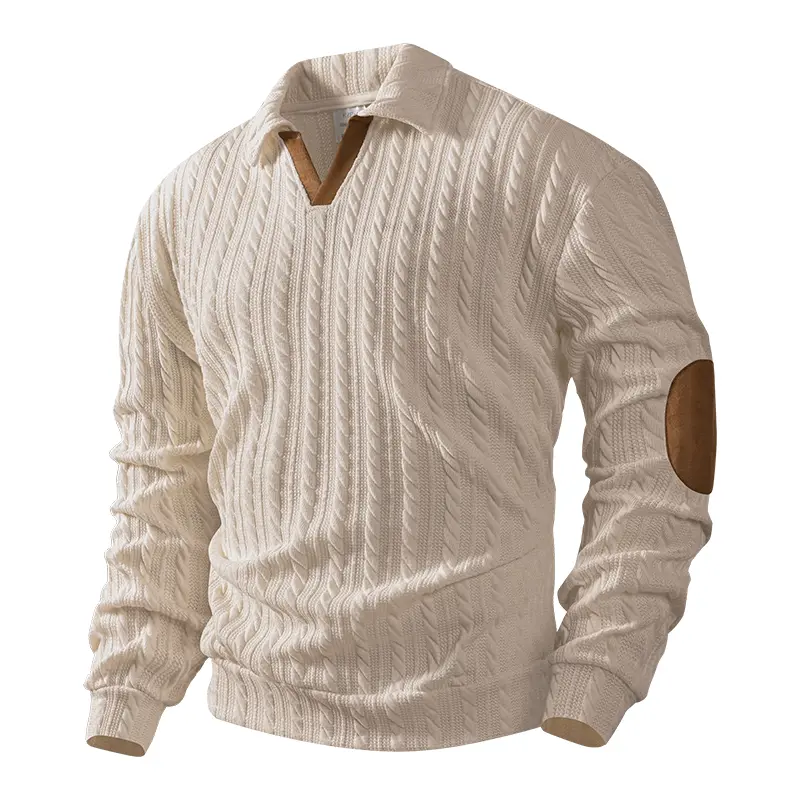 Men’s Cable Knit Polo Sweater – Available in multiple colors, elbow patches, V-neck polo collar, a fall layering essential for everyday casual wear