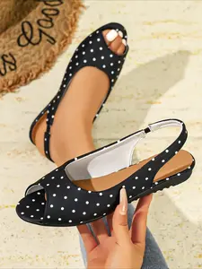 Retro polka dot peep-toe slingback flats with soft, breathable soles and a delicate bow, lightweight and non-slip, perfect for summer commutes, casual days, and elevating your spring outfits.
