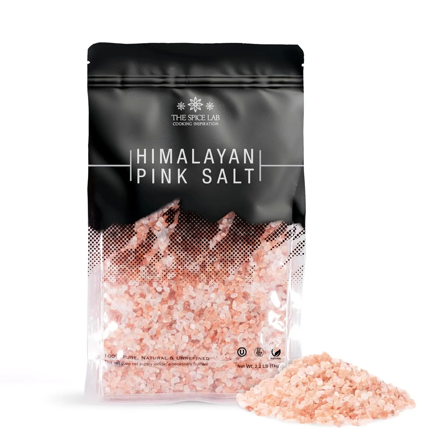 The Spice Lab Coarse Pink Himalayan Salt, 2.2 Lb/1 Kilo Refill Pouch - Natural, Mineral-Rich, Pure, Nutrient-Dense Gourmet Crystal, Kosher Certified, Savory Flavor, 24-Month Freshness Guarantee, Cupboard-Storable