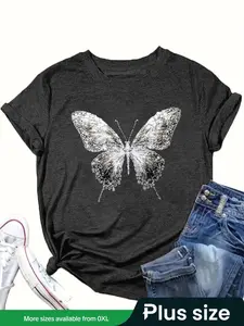 【Plus Size】 Butterfly Print Round Neck Tee, Casual Short Sleeve Crew Neck T-shirt for Daily Wear, Women Clothing for All Seasons, Womenswear