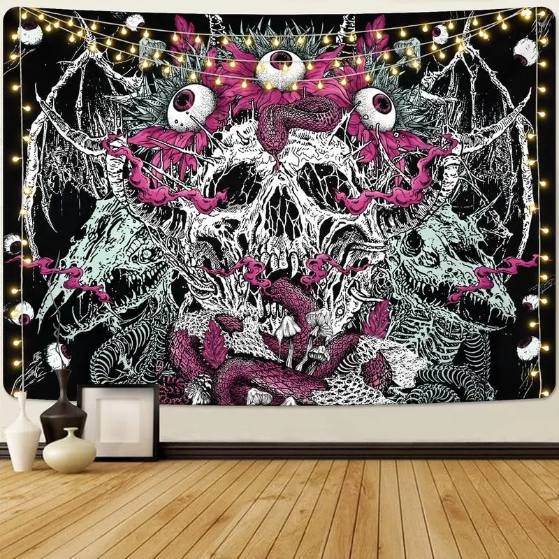 AtawLege Skull Tapestry - Trippy Skeleton Eyes, Goth Snake, Psychedelic Flowers, Horror Demon Design, Durable Decorative Tapestry for Bedroom, Halloween Decoration (51.2x59.1in)
