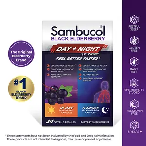 Sambucol Black Elderberry Day & Night Relief Capsules 24ct - Ivy Leaf, White Willow, and California Poppy for relief.  Non GMO, Gluten Free, Dairy Free.  The #1 Black Elderberry Brand
