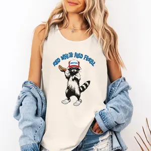 Red White and Feral, Raccoon, Funny, Fourth of July, America, Patriotic, USA Comfort Colors Tank Top, Women's Comfort Colors Tank Top