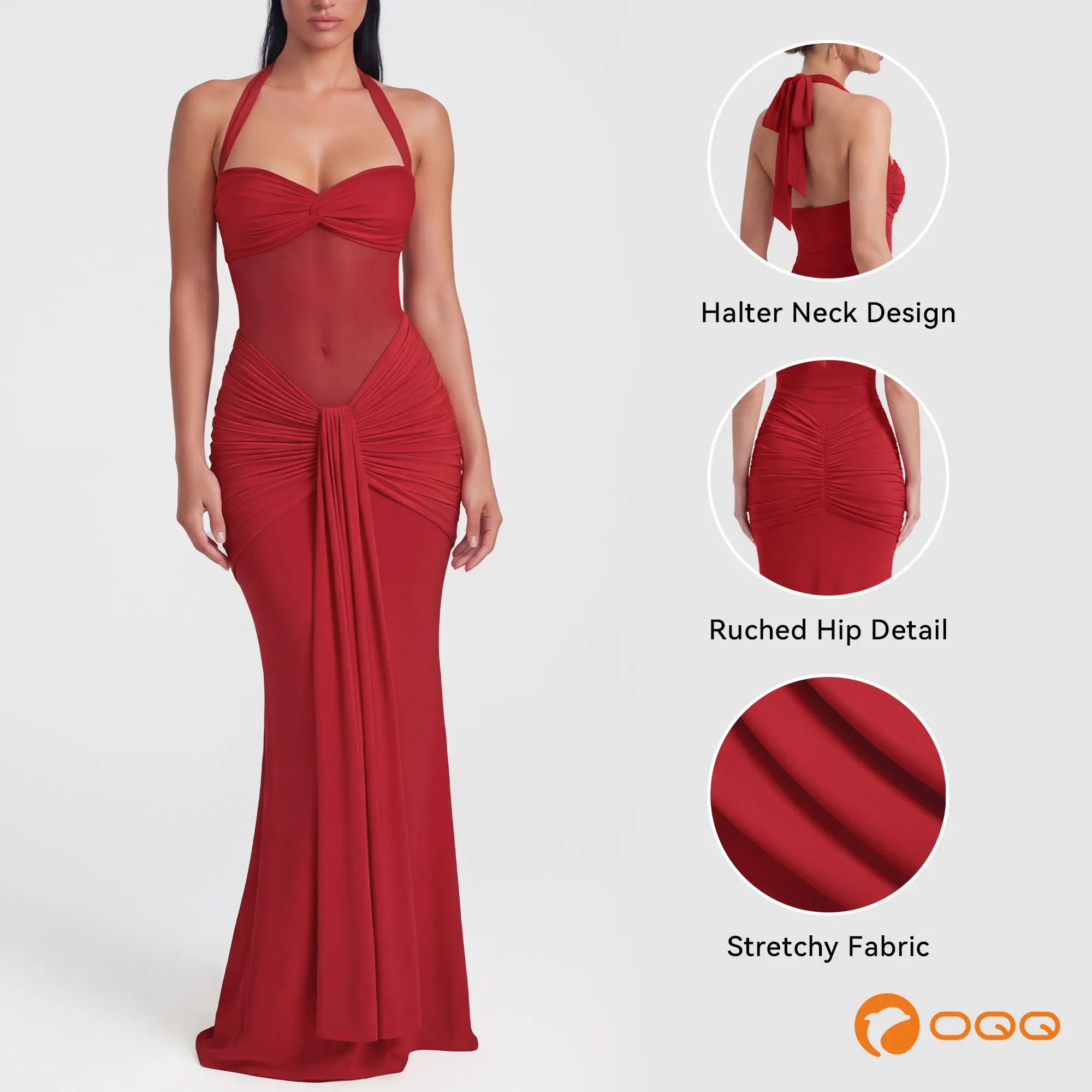 OQQ Women's Sleeveless Halter Neck Bodycon Maxi Dress, Stretch Formal Wear with Ruched Hip & Sheer Mesh Waist Panel, Bodycon Stretch, Womens Dresses, Wedding Guest Dresses