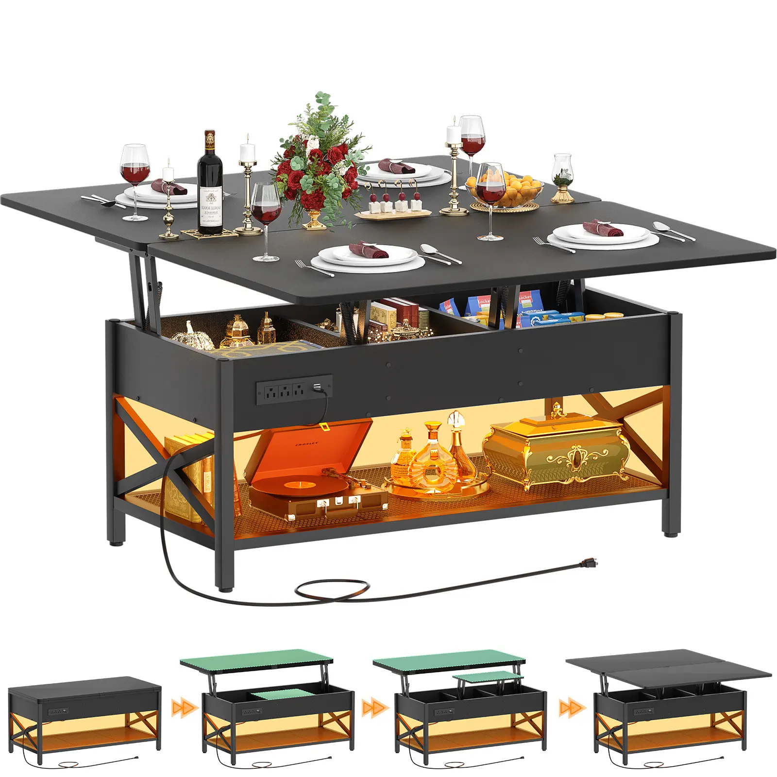 Aheaplus Coffee Table Lift Top Multi-Function Coffee Table Converts to Dining Table, with LED Light and Power Outlet, Center Table with Shelves for Living Room Reception Home Office