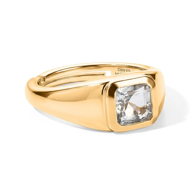 D'Joy Signet Ring - 18K Gold Plated Sterling Silver Adjustable Pinky Ring | Unisex | Genuine Asscher Gemstone | Trendy Stackable Jewelry