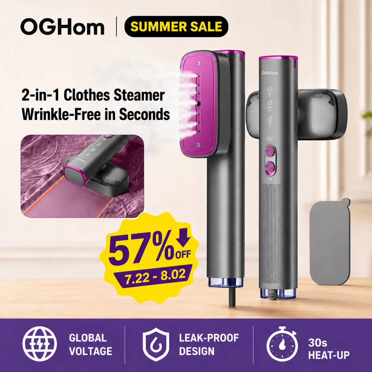 【SummerWins】OGHom Steamer for Clothes, 110-240V Travel Steamer & Iron 2 in 1, 1000W Powerful Steam, Portable Handheld Garment Wrinkle Remover, 30s Fast Heat-Up with Dry & 2-Steam Control, for Global & Europe Max Version