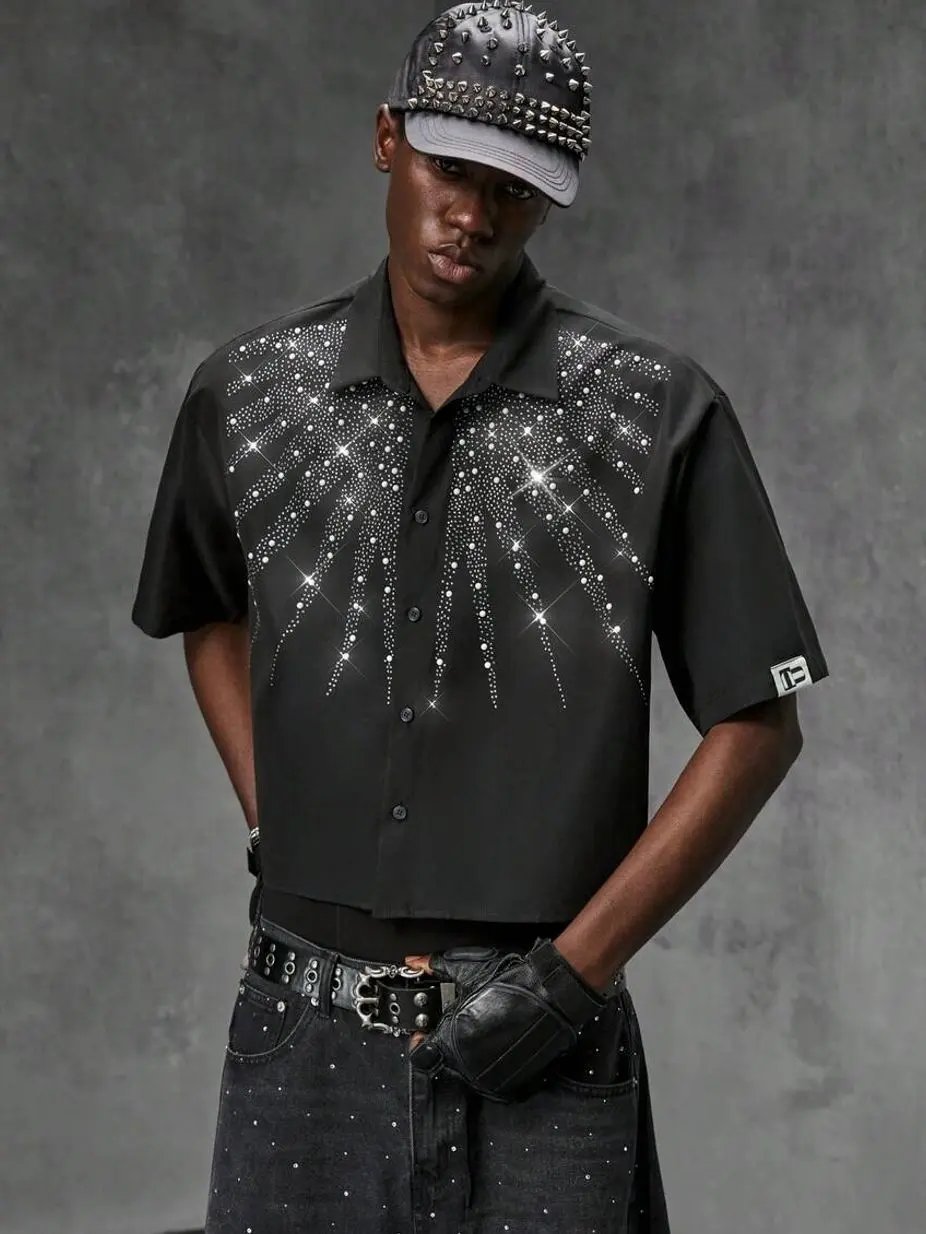 Trendy shirts - Mens Rhinestone Button Down Shirt, Sparkling Glitter Short Sleeve Top, Party Stage Performance Wear summer clothing trending clothing trending clothes summer clothes summer men clothes streetwear streetwear clothing going out outfit
