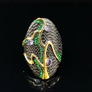 Exaggerated Two Tone Black and Gold Cubic Zirconia Ring for Men Edgy Mens Fashion Accessories Gift