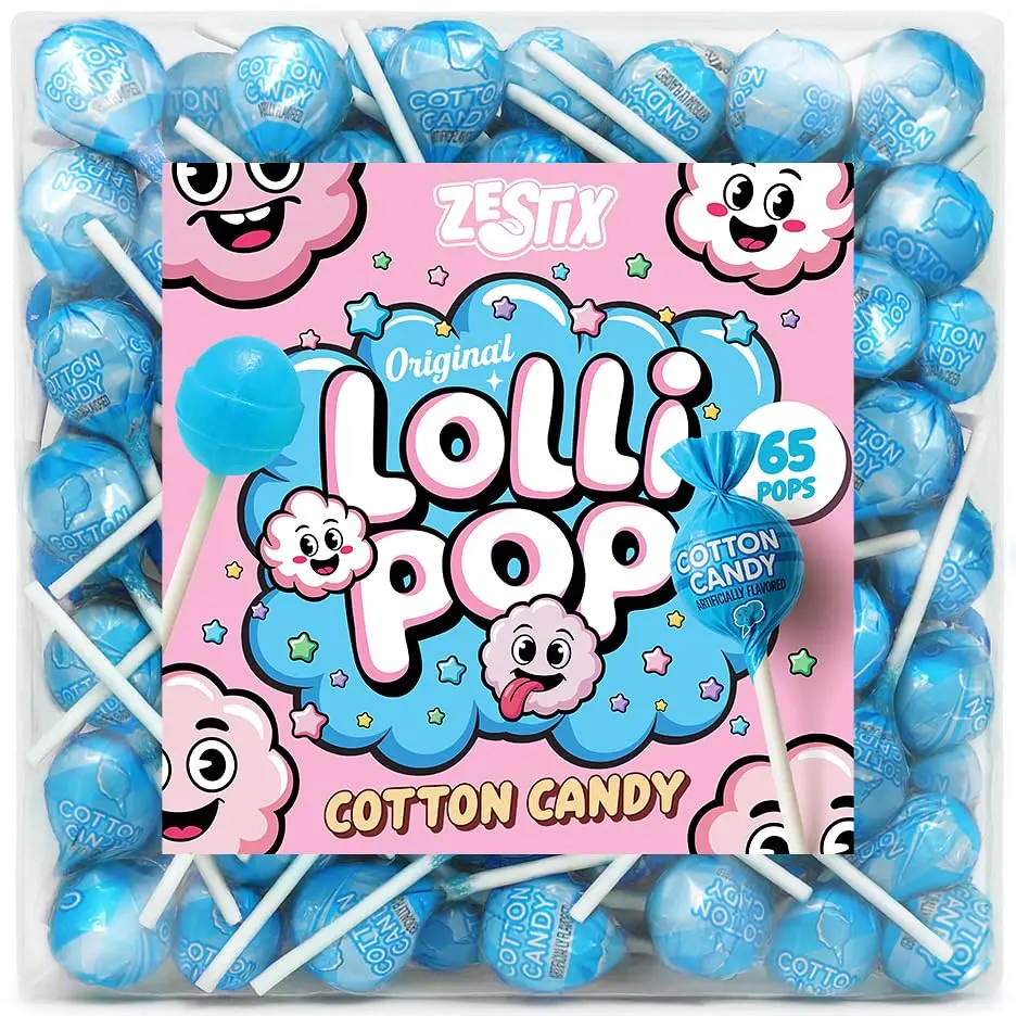 Cotton Candy Mini Lollipops – 65 Count Bulk Candy Pack, Individually Wrapped – Sweet Blue Suckers for Kids, Parties, Birthdays, Events & Parades Treats