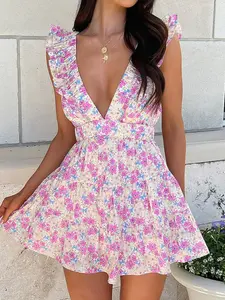 Deep V Plissé Summer Short Dress, Lightweight, Breathable, Fitted, Ruffled Sexy Style, All Seasons Wear, Women's Fashion, Perfect for Casual & Party