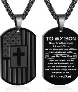 To My Son Dad Brother Husband Grandson Grandpa Boyfriend Man Dog Tag Cross Necklace Christian American Flag Birthday Graduation Gifts Jewelry for Men Boys