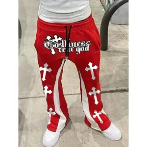 Men's Y2K Cross Print Graphic Flare Leg Stacked Sweatpants, Loose-Fit Thick Fabric, All-Season Fashion Streetwear Gothic Style Pants