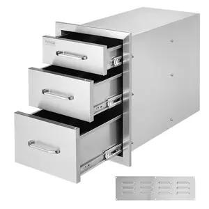 VEVOR Outdoor Kitchen Drawers 14\" W x 20.3\" H x 23\" D,  Flush Mount Triple Access BBQ Drawers Stainless Steel with Handle, BBQ Island Drawers for Outdoor Kitchens or Patio Grill Station