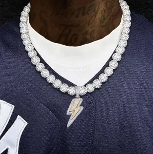 Iced Bling Disco Ball Rhinestone Pollyanna Crystal Bead Baseball Softball Necklace White + Lightning Pendant