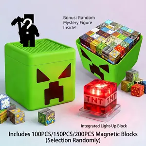 Magnetic Tiles with Storage Bucket & LED Light Up – 100/150/200 PCS Magnetic Blocks Building Set, STEM Educational Sensory Toys for Kids Ages 3+, Creative Construction Cubes, Stackable Cubes, Easter Birthday Gifts for Boys & Girls