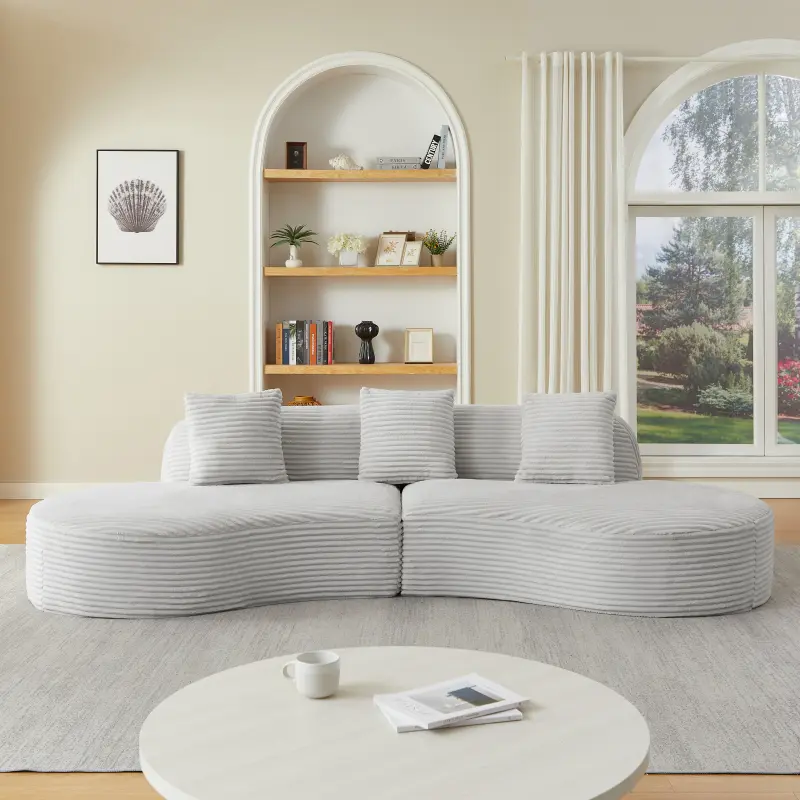 Corduroy Upholstered Curved Modular Couch, Round Deep-Seat Boneless Sofa with 3 Pillows, Luxury Modern Cloud Furniture for Living Room & Apartment, No Assembly Required (Grey), Corduroy Upholstery