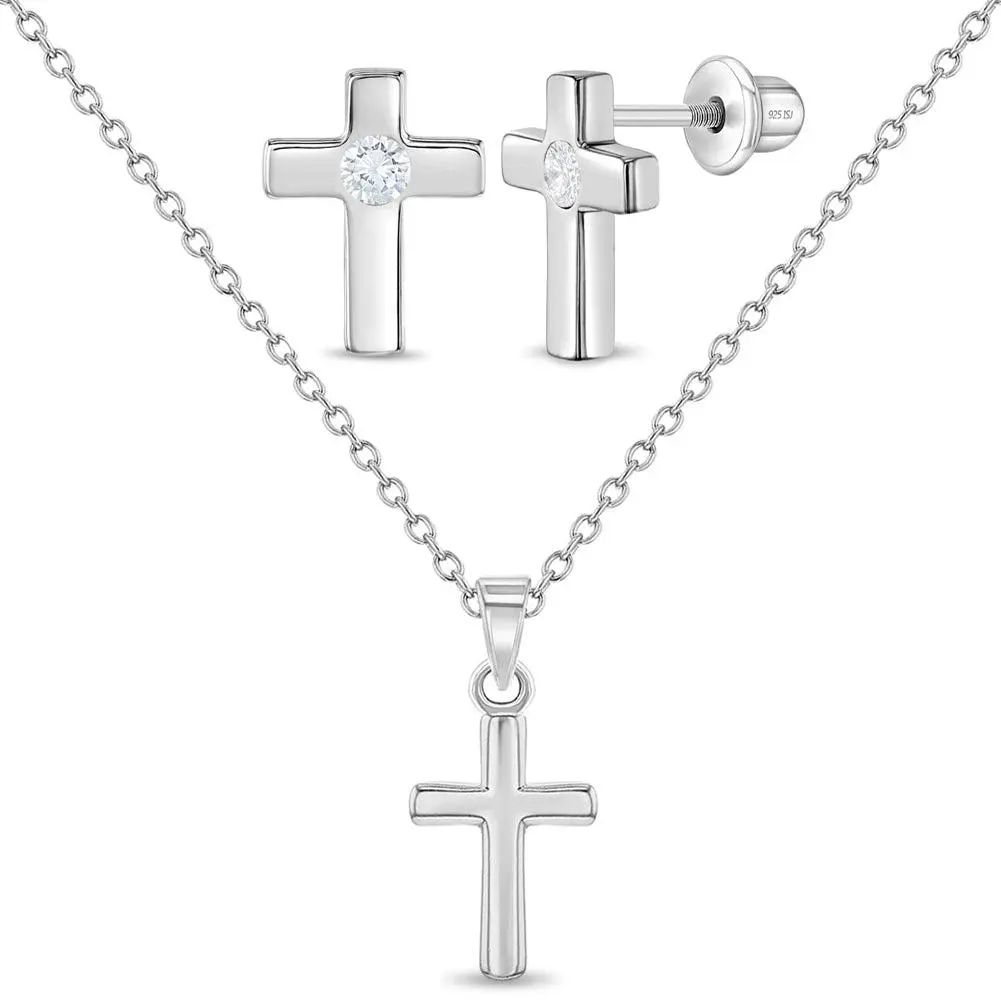 Classic Clear CZ Cross Kids / Children's / Girls Jewelry Set - Sterling Silver