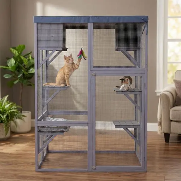 Wooden Cat Catio, Outdoor Cat Enclosure, Cat House with Platforms, Sunshine Board, Hammock, Door, Kitten Cage Condo, Grey