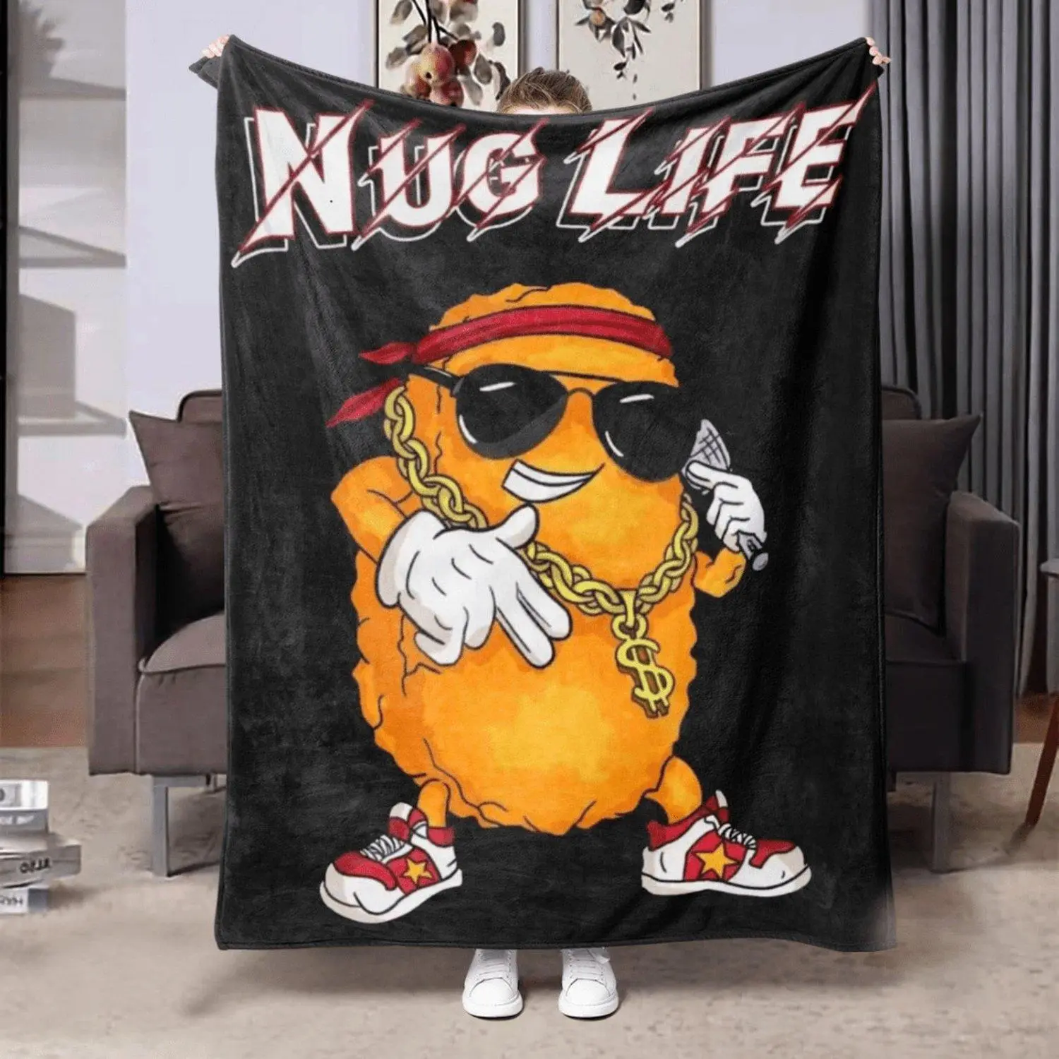 1pc Contemporary Chicken Nuggets Print Flannel Throw Blanket - Soft Food Fleece Shawl for Boys, Girls, Men, Women - All Seasons, Digital Print, Polyester, Knitted Craftsmanship