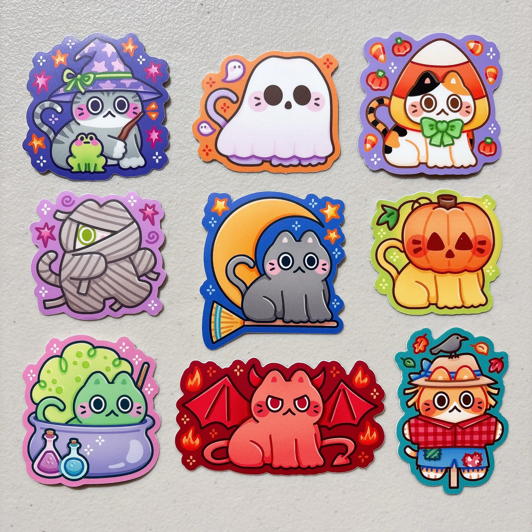 StickyRiceCo Halloween Cat Stickers Heavy Duty Waterproof Vinyl Wizard Ghost Mummy Broomstick Jack O Lantern Potion Cauldron Demon Scarecrow Designs for Laptops & More