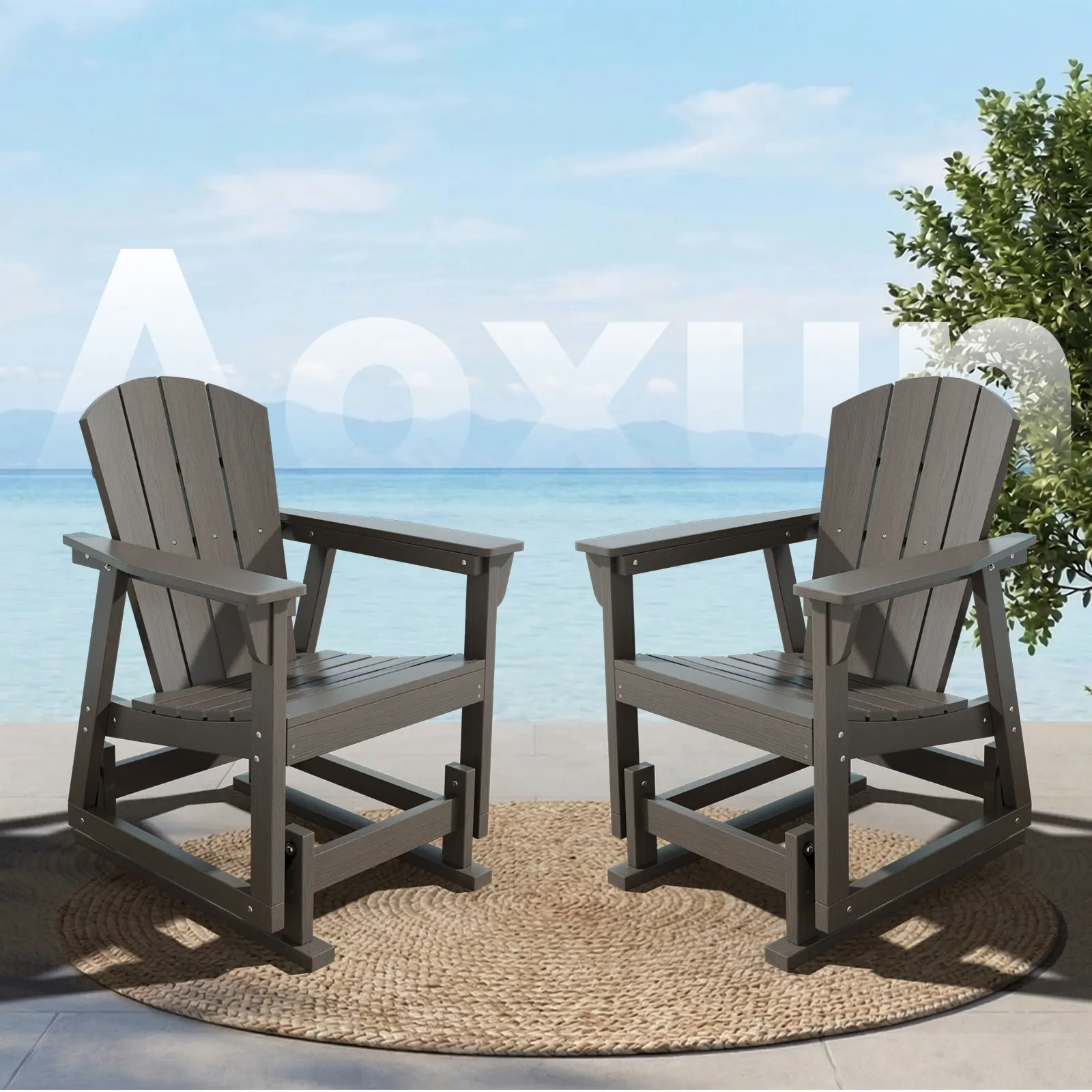 Aoxun 2-Piece Adirondack Rocking Chair Set - HDPE Plastic All-Weather Outdoor Patio Chair with Wide Seat, Stainless Steel Hardware, 400-lb Capacity, Assembly Required for Porch Backyard Lawn