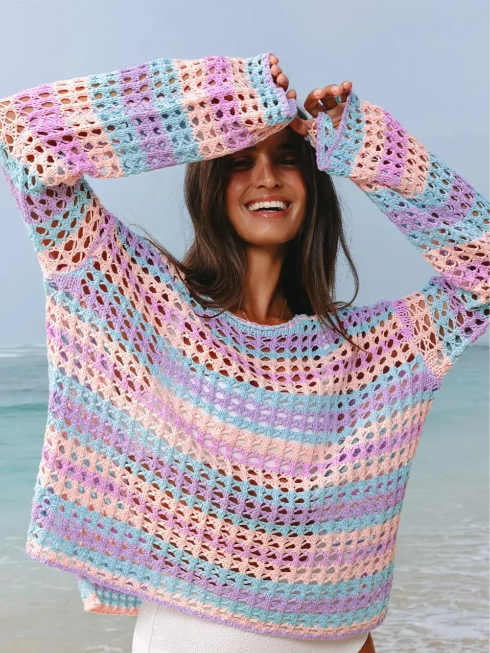 Women's Pastel Rainbow Striped Crochet Beach Cover-up Top - Long Sleeve Oversized Open Knit Sweater