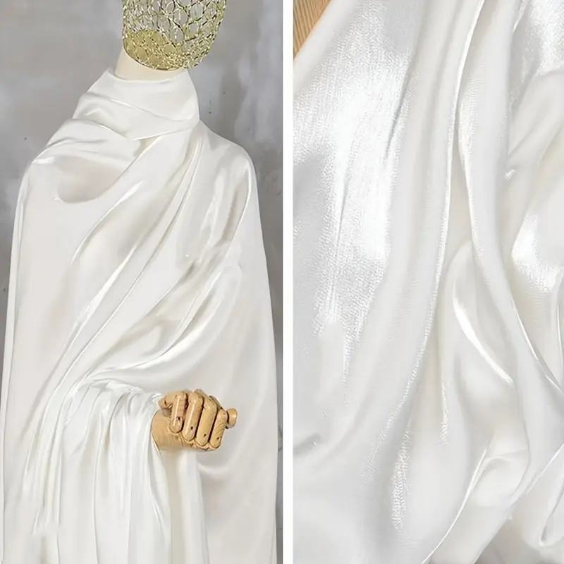 White shiny satin fabric, metallic luster silky smooth cloth for evening gowns, wedding dresses, DIY sewing party decorations