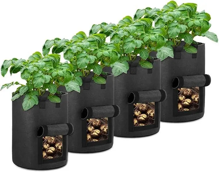 Black 4-Pack 10 Gal Potato Grow Bags, Heavy Duty Aeration Fabric Pots with Flap Window and Handles for Garden Planting