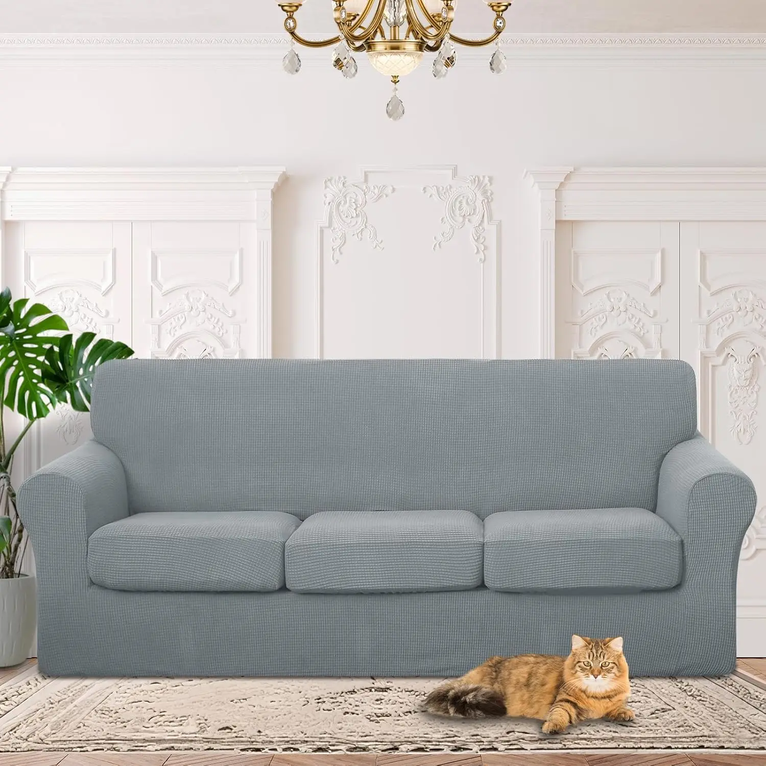 Stretch Soft Couch Cover for 1/2/3 Cushion Sofas, Washable Elastic Slipcover, Pet Friendly Furniture Protector for Living Room