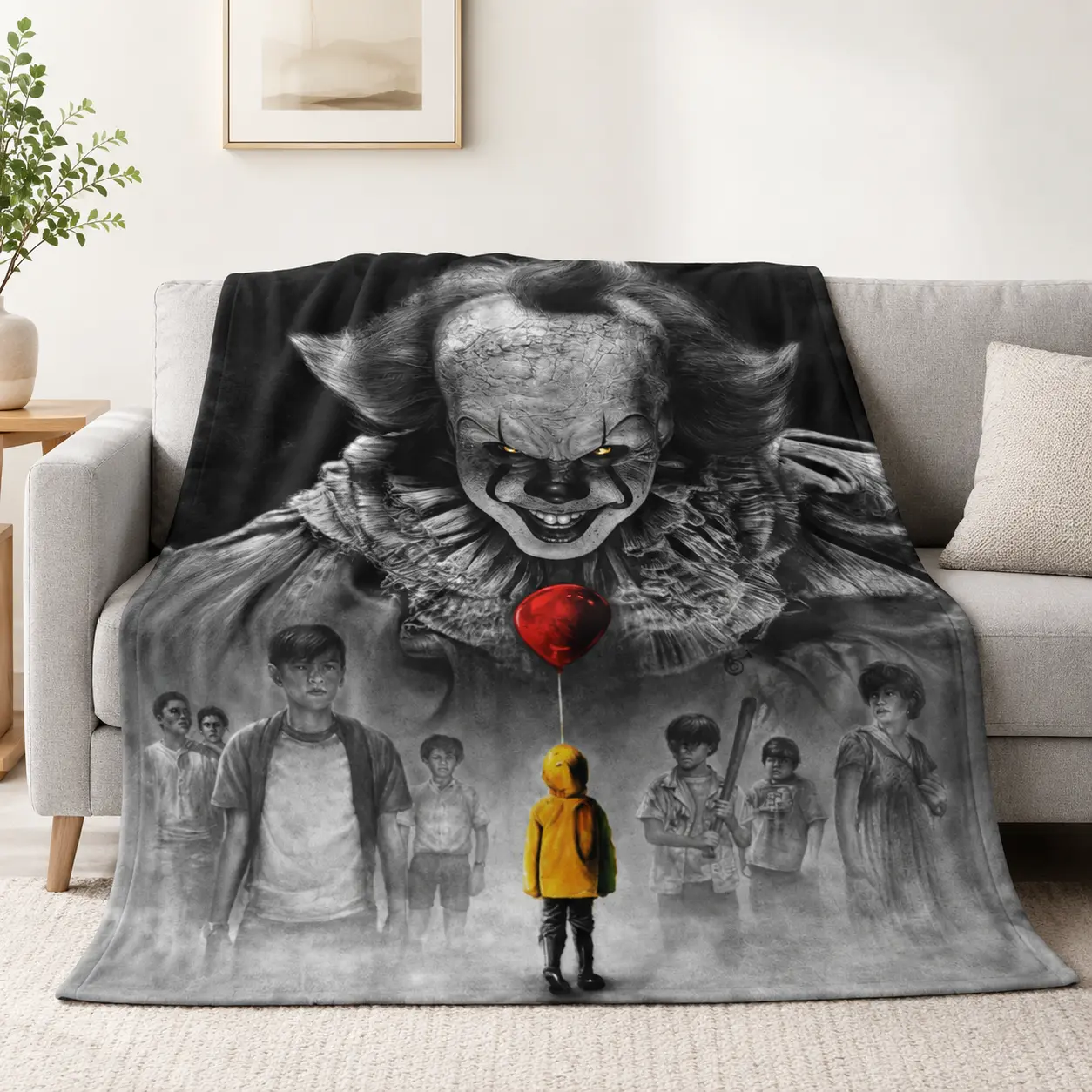 Pennywise Horror Movie Inspired Flannel Blanket Eerie Clown Face Balloon Design Soft Plush Cozy Throw Blanket For Bed Sofa Travel Halloween Decor Spooky Room Style And Horror Fan Gift