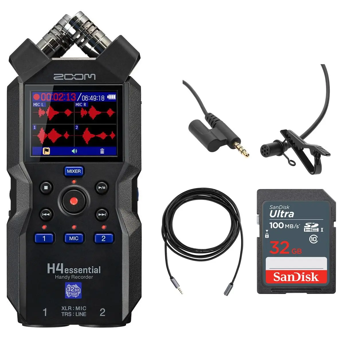 Zoom H4essential Gain-Free 4-Track 32-Bit Float Stereo Handy Recorder & Mixer Bundle with Turnstile TASL500, H&A HA-OM-L 3.5mm Locking Connector Lavalier Mics, Memory Recording, XLR/Combo Inputs, AA Batteries, MicroSD Card Compatibility